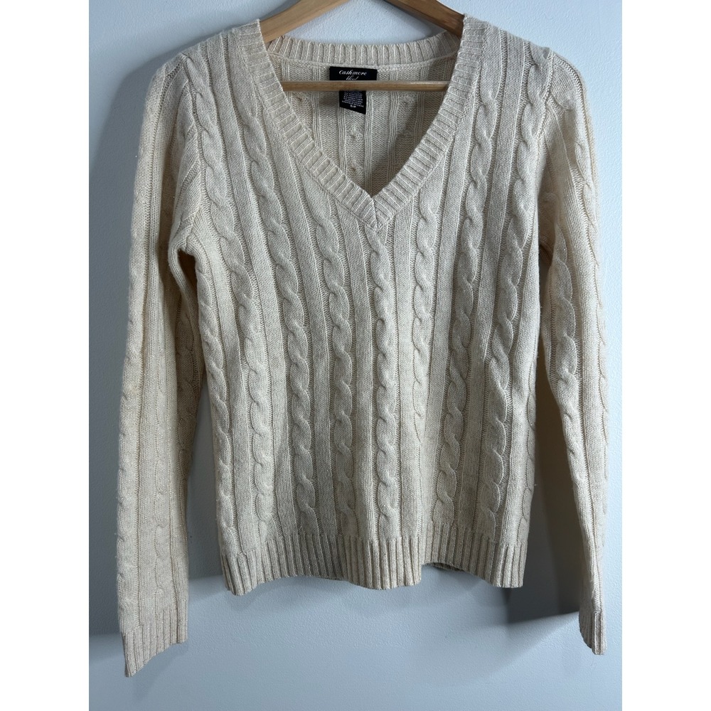 Lord & Taylor Cashmere Blend Cable Knit V Neck Sweater Cream Sm Petite Metallic